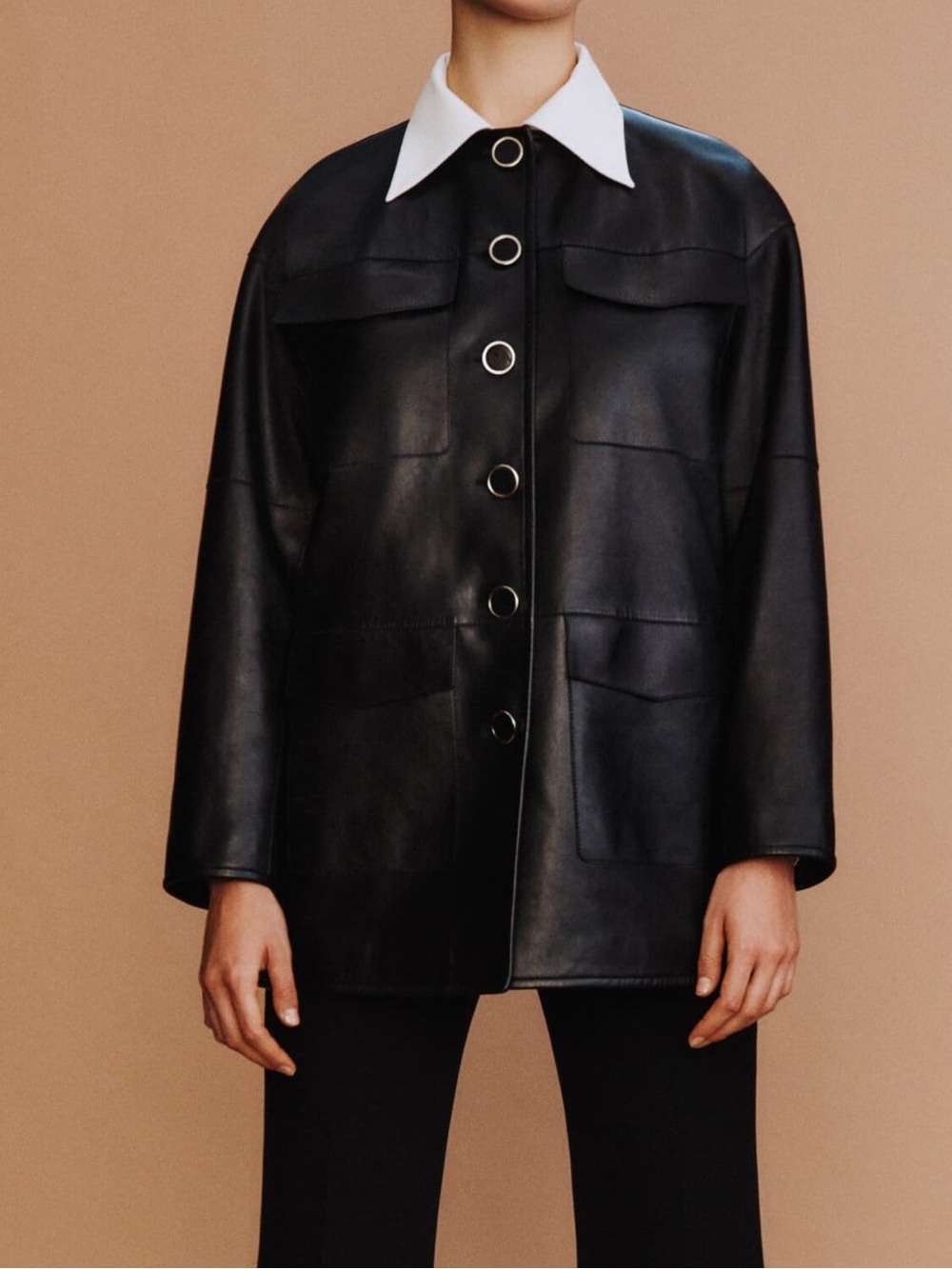 Lafayette 148 New York Black Nappa Leather Four Pocket Overcoat Size M
